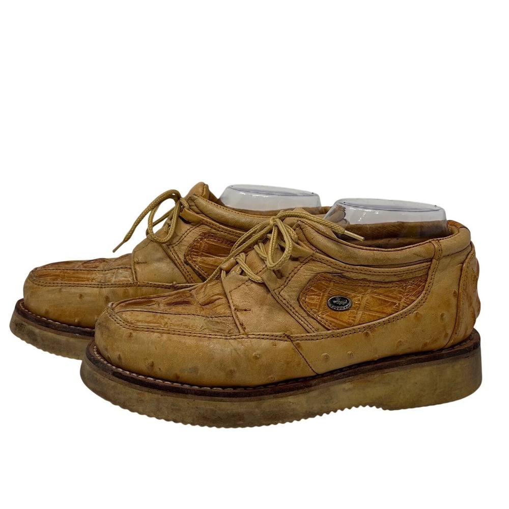 Rayas Boots Mens Tan Exotic Ostrich Caiman Embossed 90s Moc Toe Shoes 7/8
